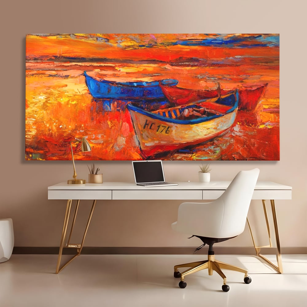 Tablou canvas cu pictura cu barci la apus, fara rama, pe sasiu de lemn, pe perete intr-un birou