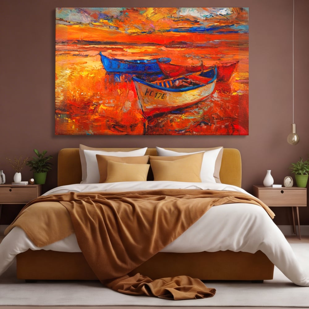 Tablou canvas cu pictura cu barci la apus, fara rama, pe sasiu de lemn, pe perete intr-un dormitor