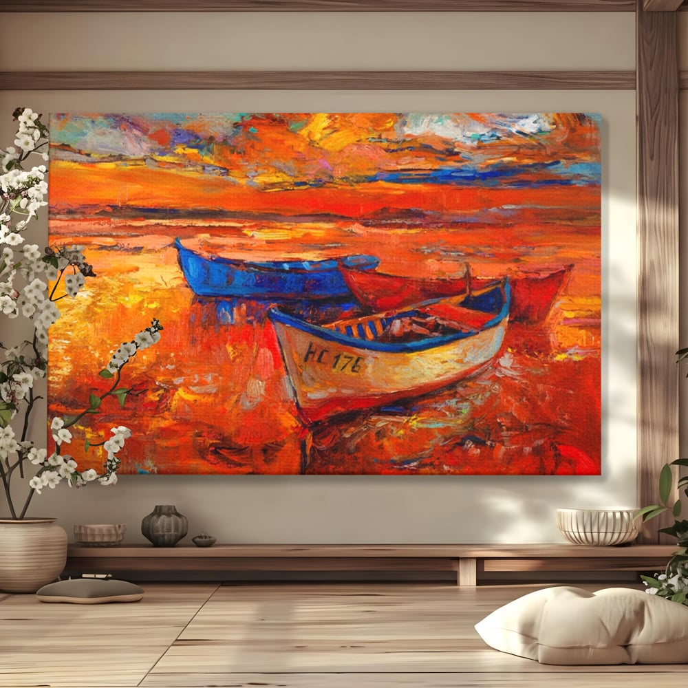Tablou canvas cu pictura cu barci la apus, fara rama, pe sasiu de lemn