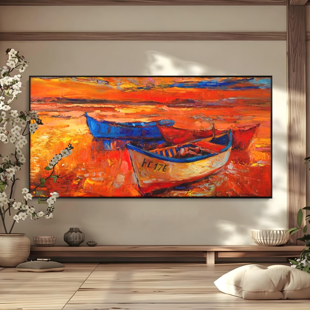 Tablou canvas cu pictura cu barci la apus, in rama de aluminiu negru