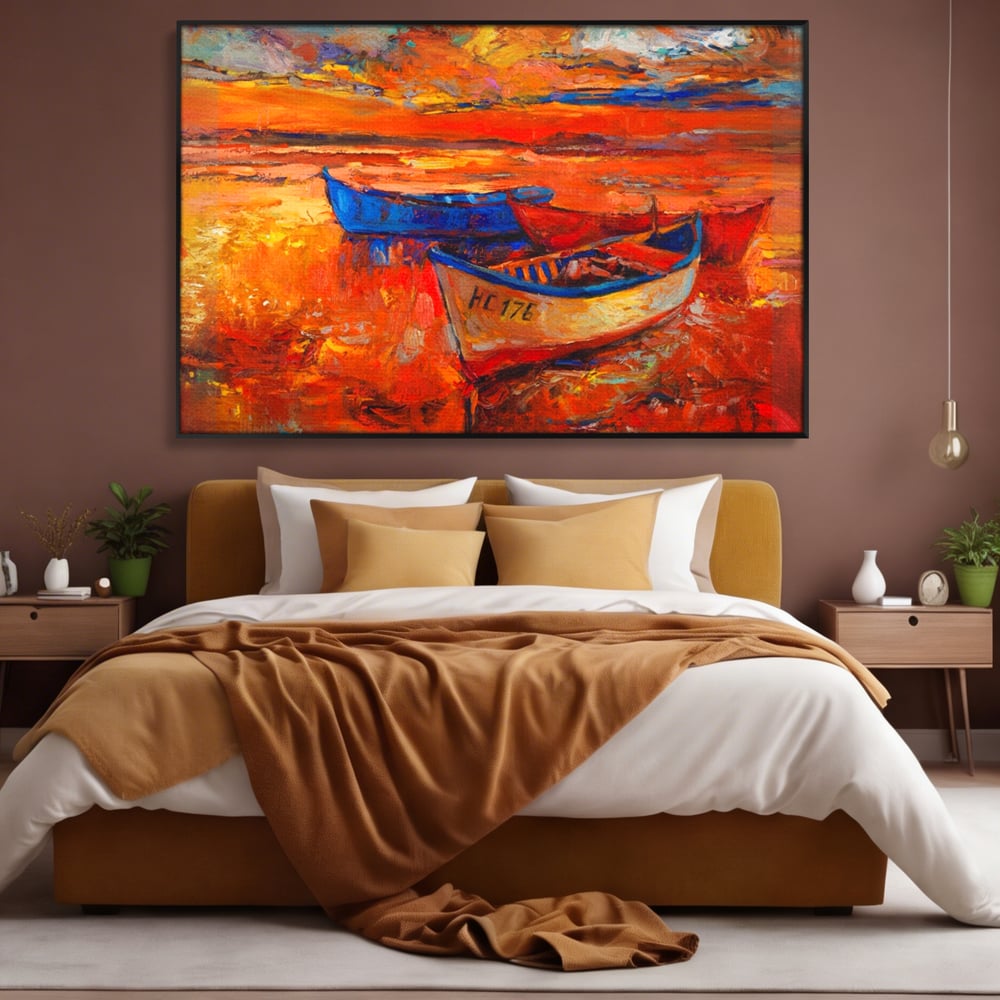 Tablou canvas cu pictura cu barci la apus, in rama de aluminiu negru, pe perete intr-un dormitor
