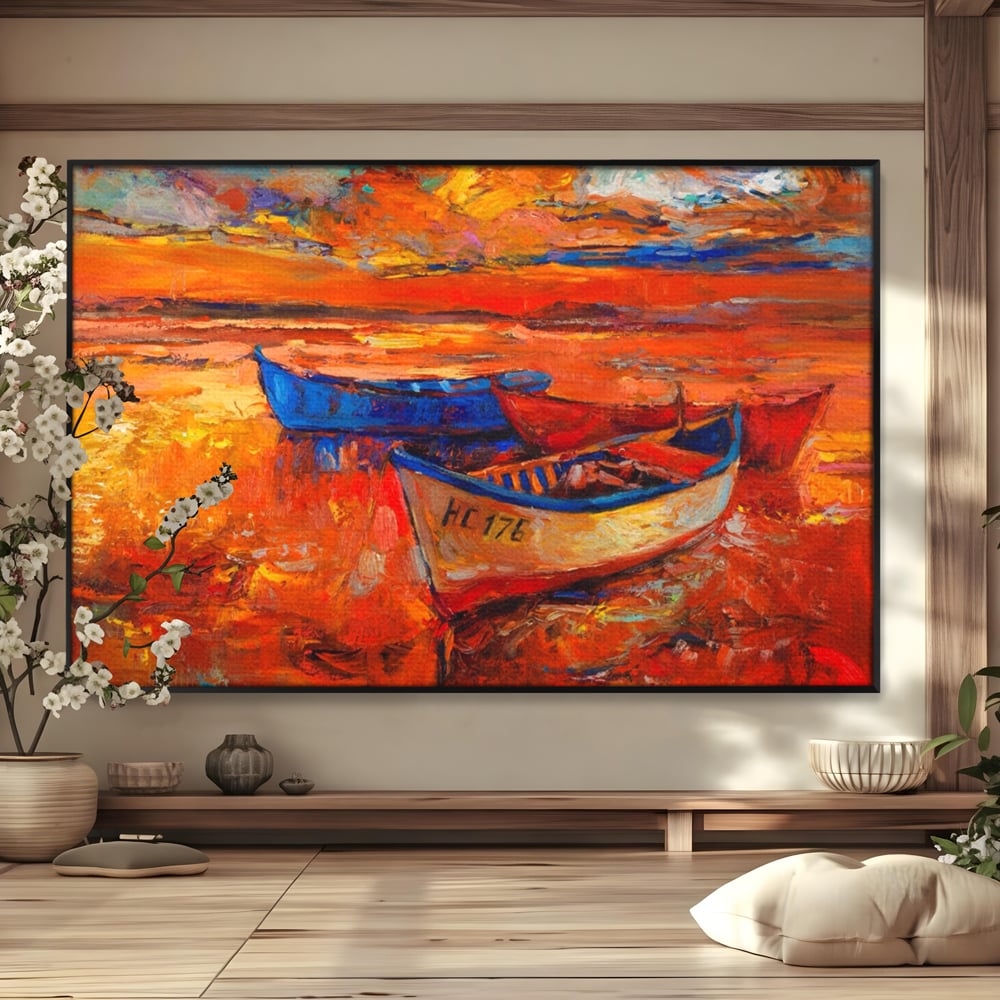 Tablou canvas cu pictura cu barci la apus, in rama de aluminiu negru