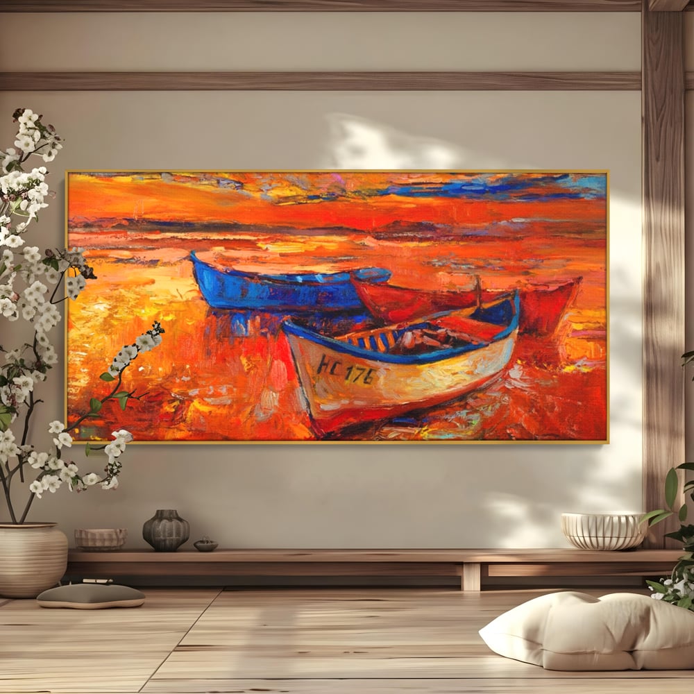 Tablou canvas cu pictura cu barci la apus, in rama de aluminiu auriu