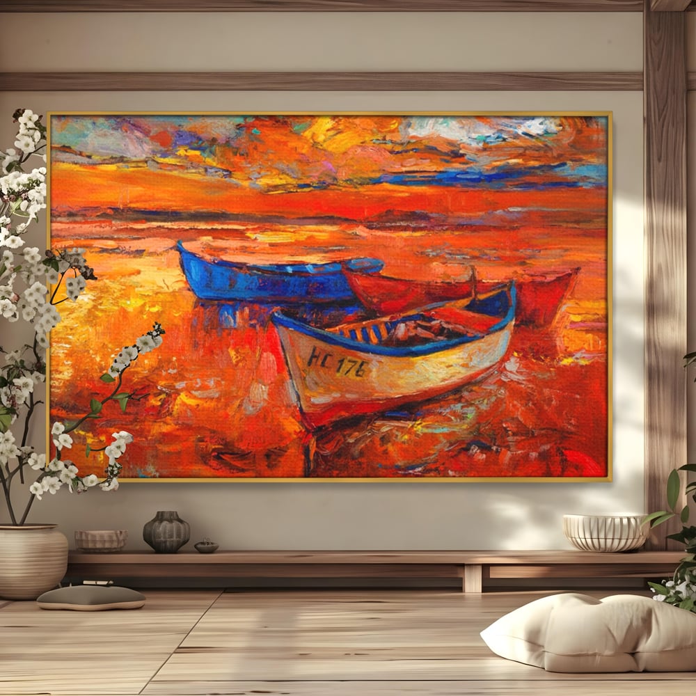 Tablou canvas cu pictura cu barci la apus, in rama de aluminiu auriu