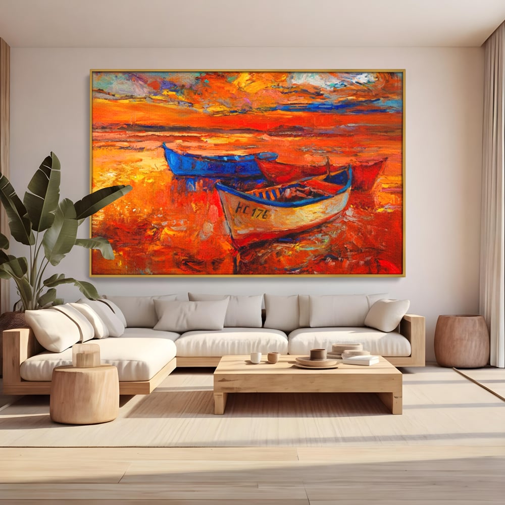 Tablou canvas cu pictura cu barci la apus, in rama de aluminiu auriu, pe perete intr-un living