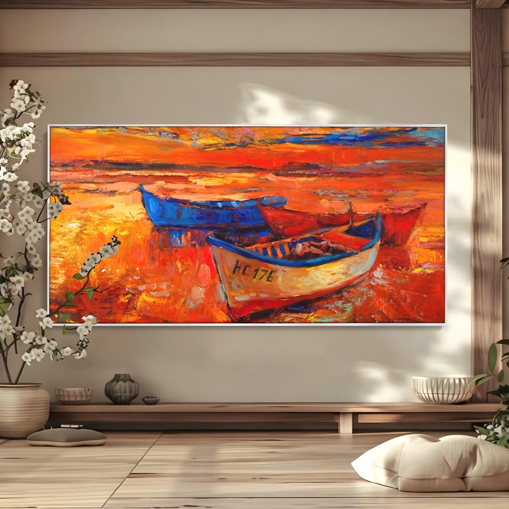 Tablou canvas cu pictura cu barci la apus, in rama de aluminiu argintiu