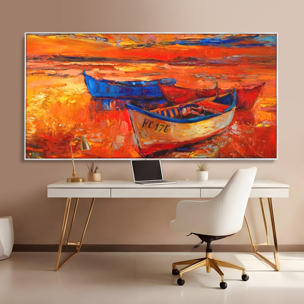 Tablou canvas cu pictura cu barci la apus, in rama de aluminiu argintiu, pe perete intr-un birou