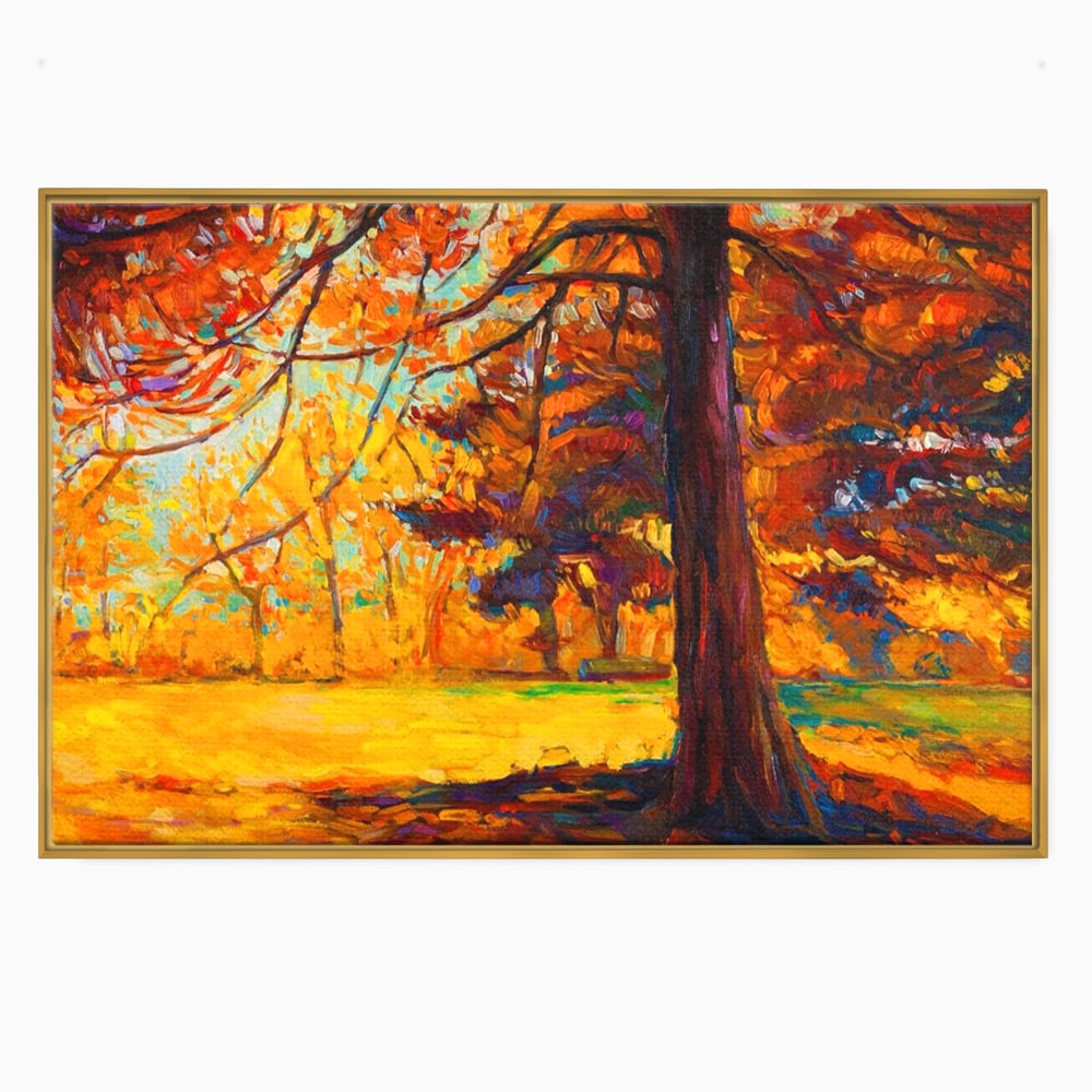 Tablou canvas cu pictura in ulei cu padure de toamna, in rama de aluminiu auriu