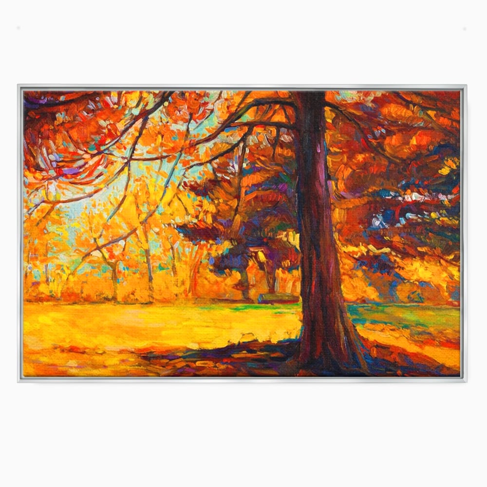 Tablou canvas cu pictura in ulei cu padure de toamna, in rama de aluminiu argintiu