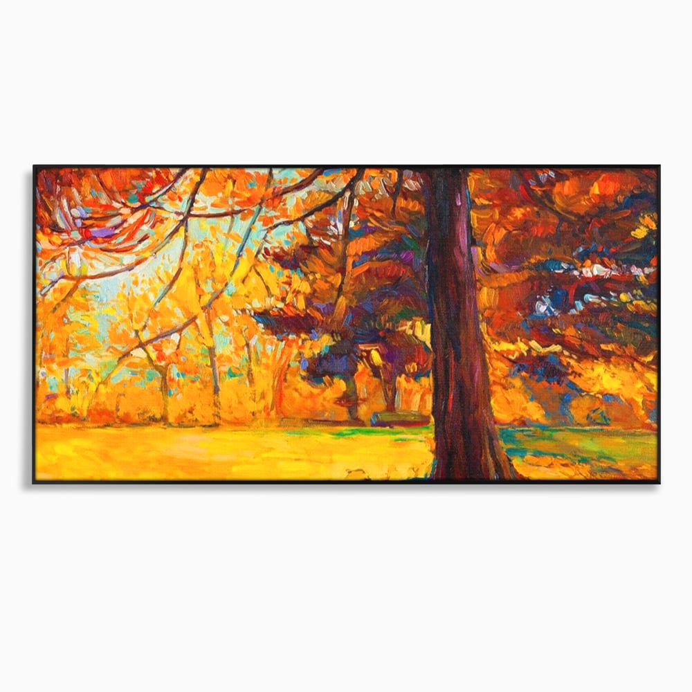 Tablou canvas cu pictura in ulei cu padure de toamna, in rama de aluminiu negru