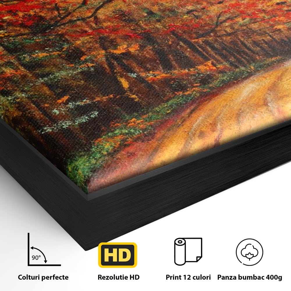 Detaliu al suprafetei: pictura peisaj cu drum prin padure toamna, in rama de aluminiu negru
