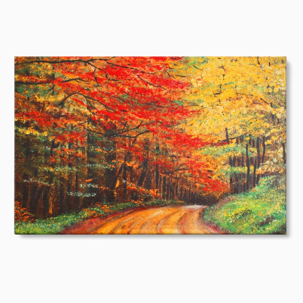 Tablou canvas cu pictura peisaj cu drum prin padure toamna, fara rama, pe sasiu de lemn