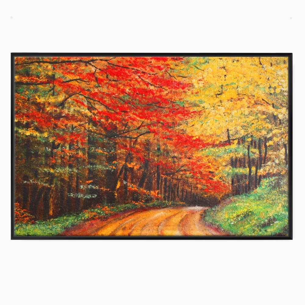 Tablou canvas cu pictura peisaj cu drum prin padure toamna, in rama de aluminiu negru