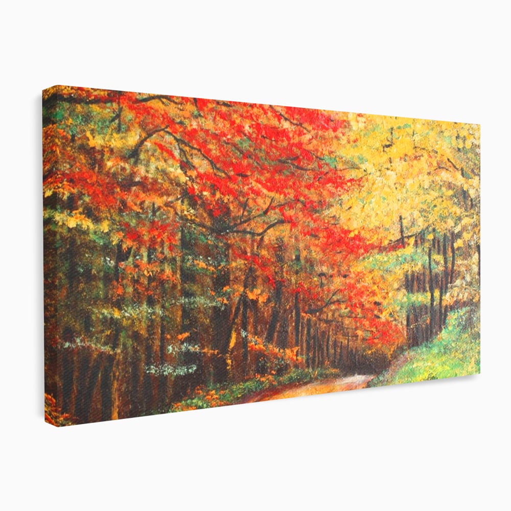Tablou canvas cu pictura peisaj cu drum prin padure toamna, fara rama, pe sasiu de lemn
