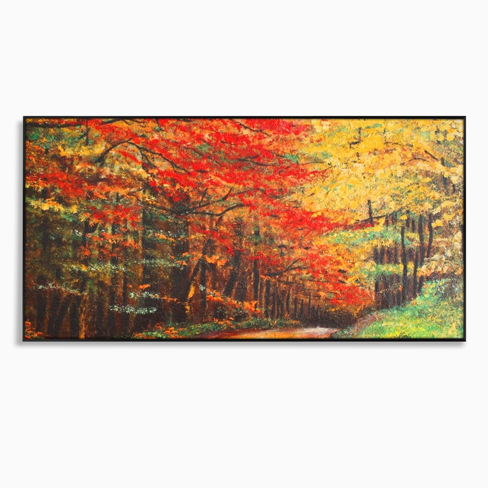 Tablou canvas cu pictura peisaj cu drum prin padure toamna, in rama de aluminiu negru