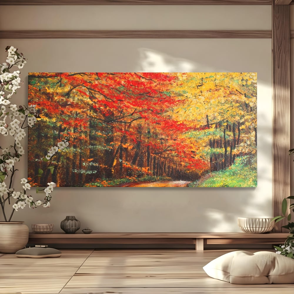 Tablou canvas cu pictura peisaj cu drum prin padure toamna, fara rama, pe sasiu de lemn