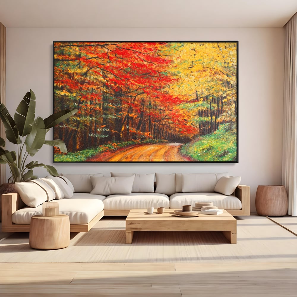 Tablou canvas cu pictura peisaj cu drum prin padure toamna, in rama de aluminiu negru, pe perete intr-un living