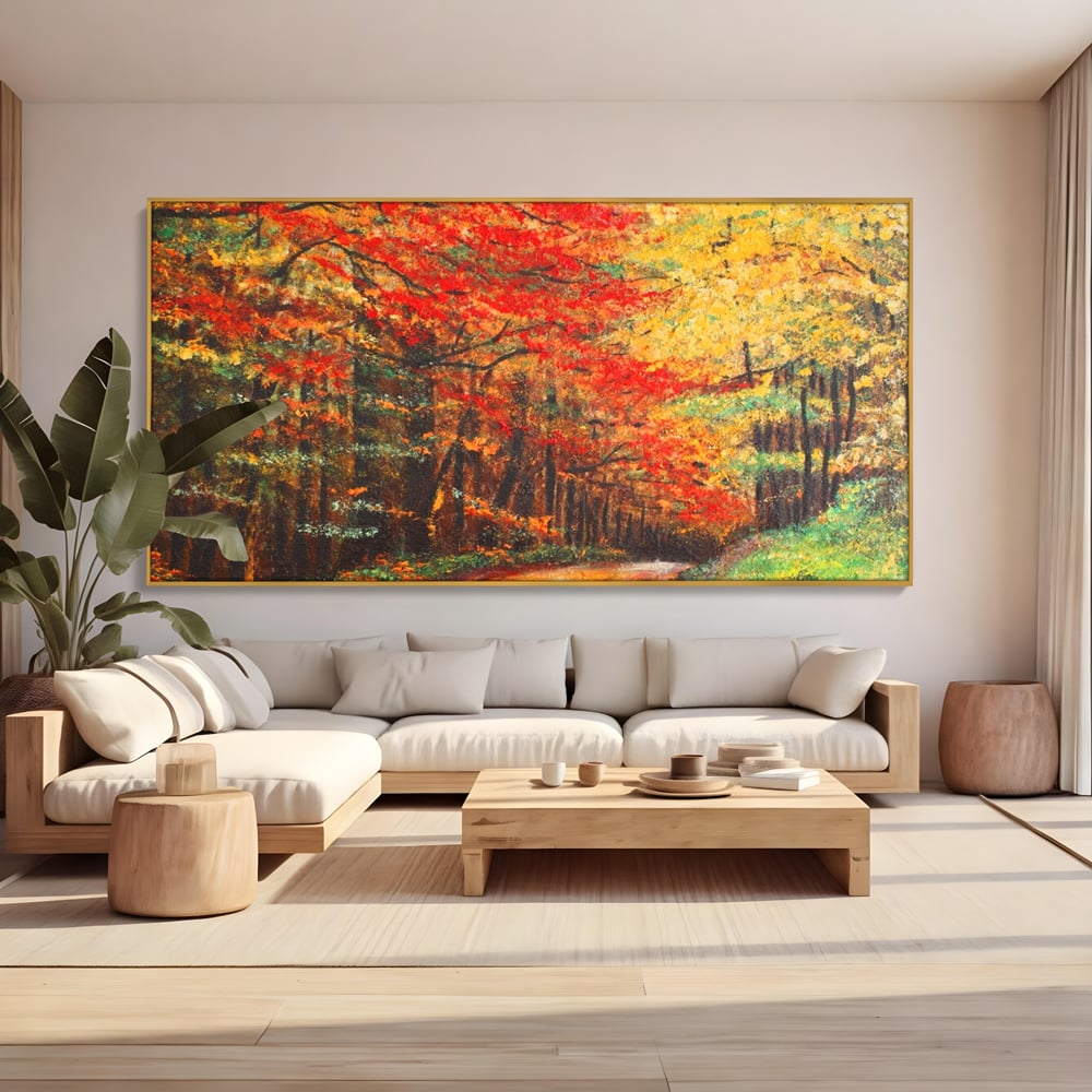 Tablou canvas cu pictura peisaj cu drum prin padure toamna, in rama de aluminiu auriu, pe perete intr-un living