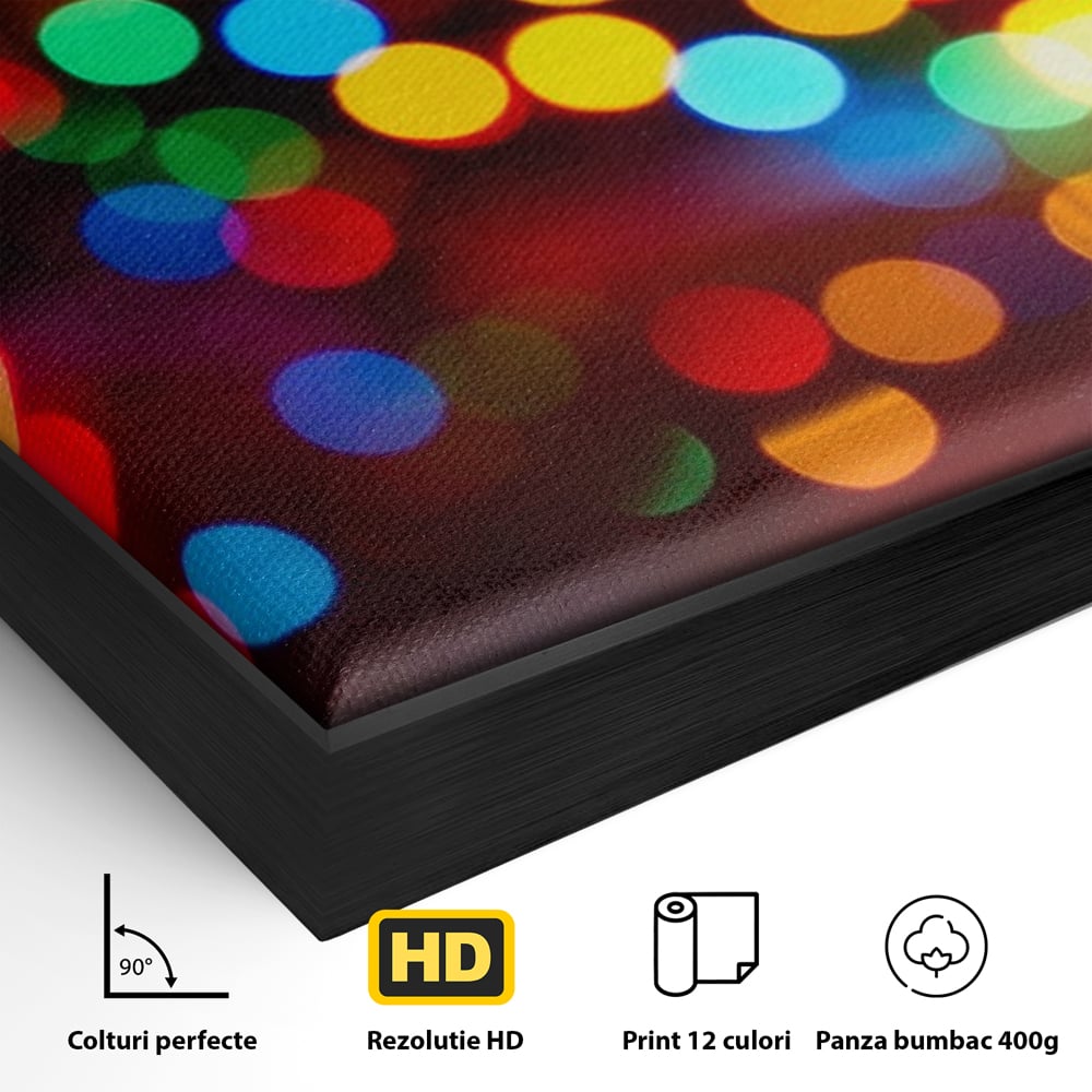 Detaliu al suprafetei: tablou canvas cu lumini bokeh, in rama de aluminiu negru