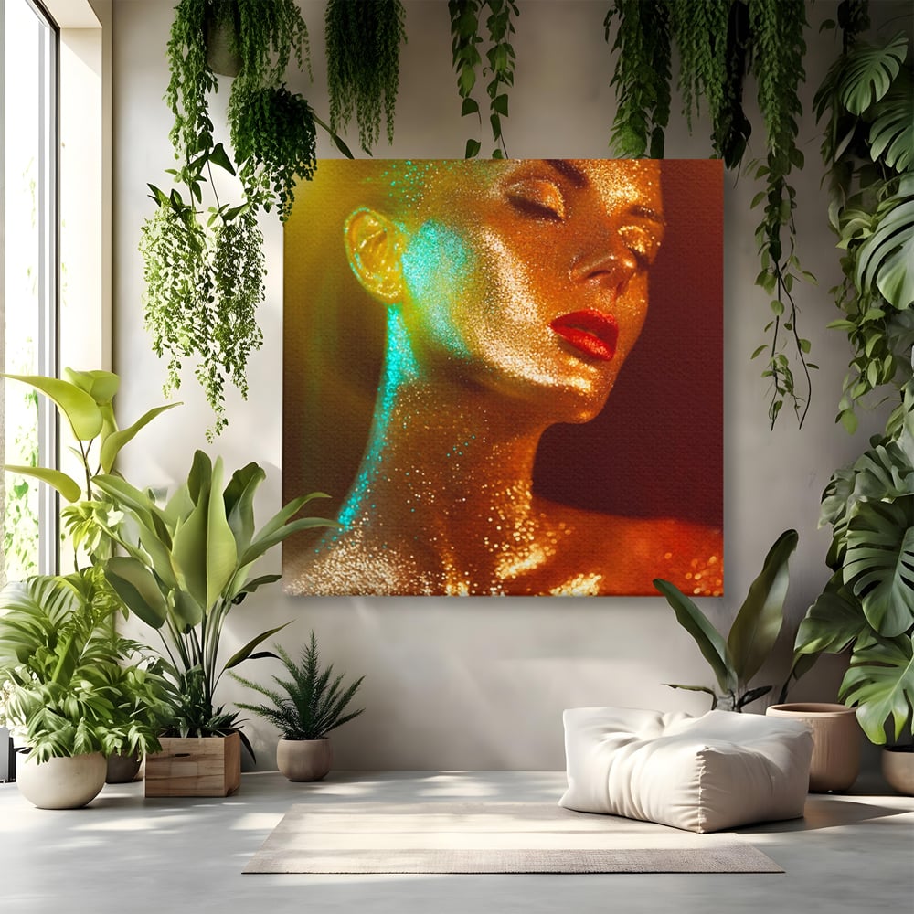 Tablou canvas cu tablou canvas cu femeie si sclipici auriu, fara rama, pe sasiu de lemn