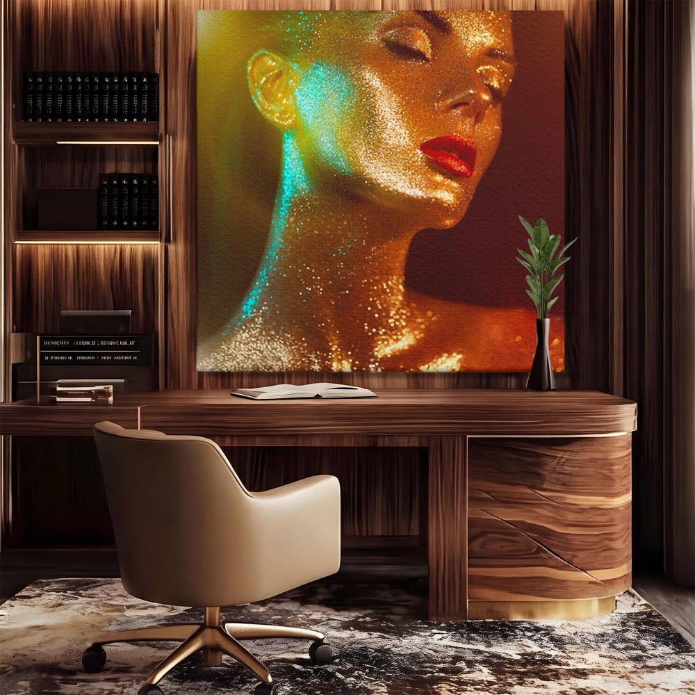 Tablou canvas cu tablou canvas cu femeie si sclipici auriu, fara rama, pe sasiu de lemn, pe perete intr-un birou