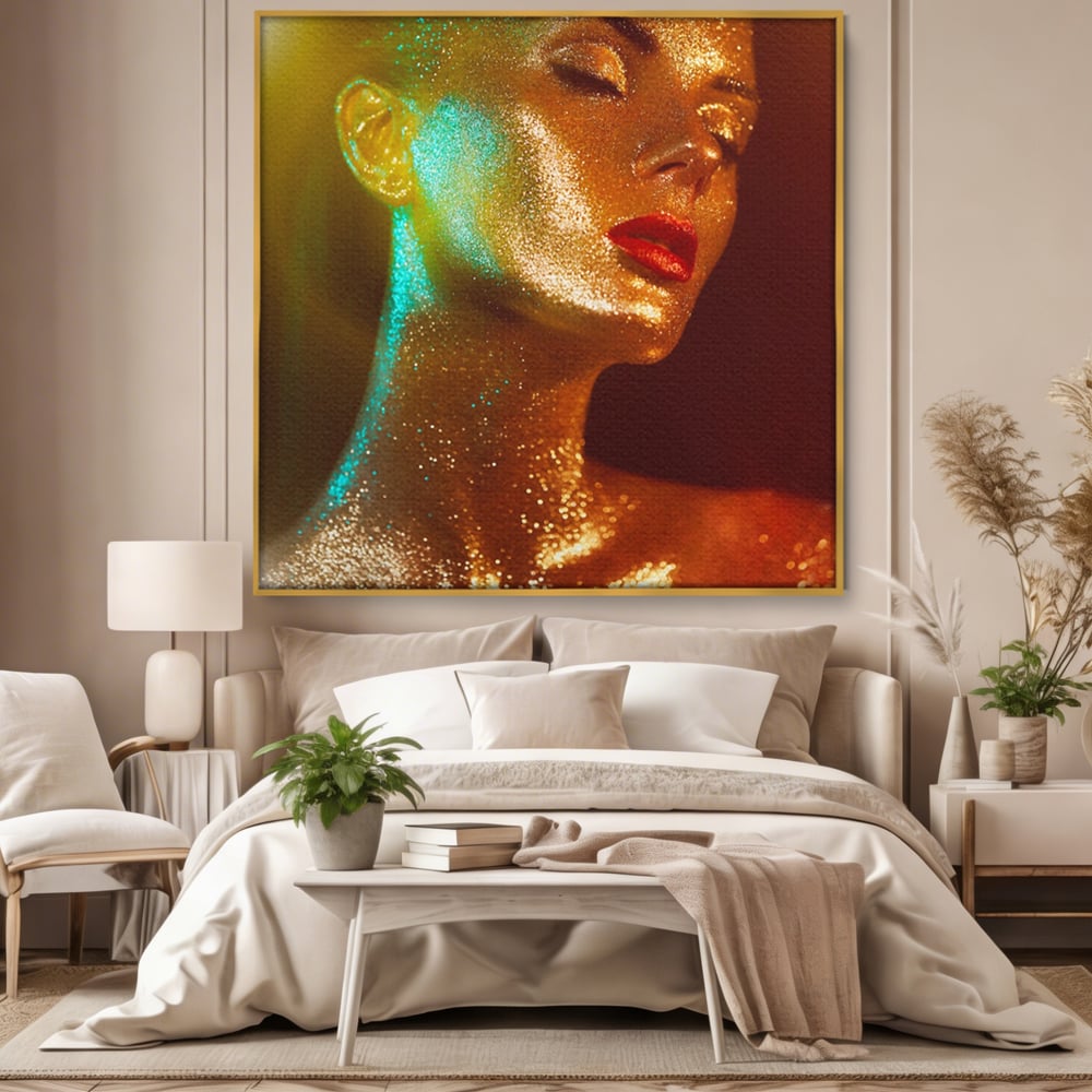 Tablou canvas cu tablou canvas cu femeie si sclipici auriu, in rama de aluminiu auriu, pe perete intr-un dormitor