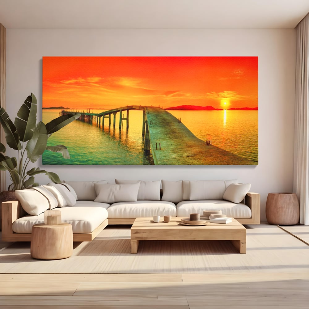 Tablou canvas cu tablou canvas cu pod si rasarit de soare, fara rama, pe sasiu de lemn, pe perete intr-un living
