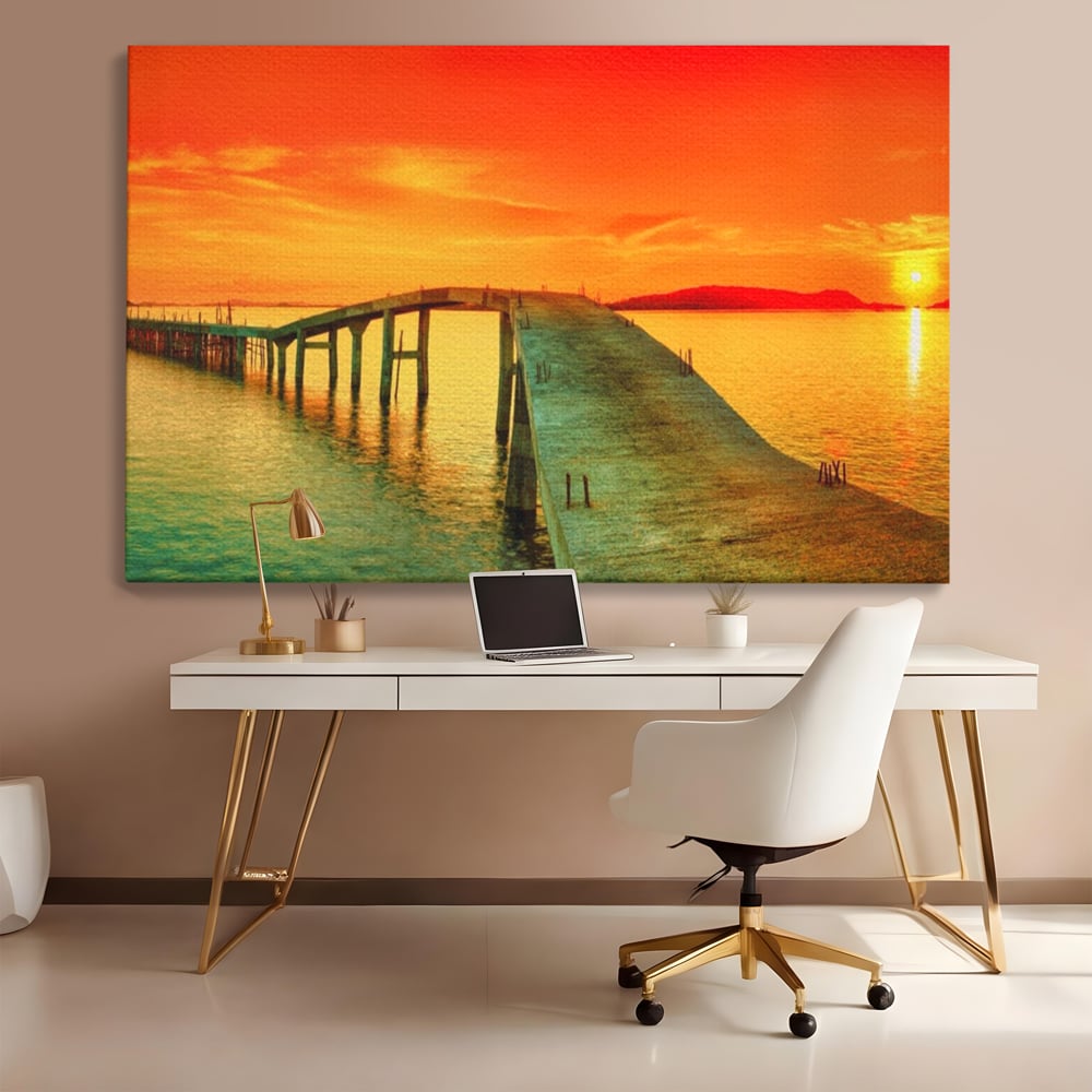 Tablou canvas cu tablou canvas cu pod si rasarit de soare, fara rama, pe sasiu de lemn, pe perete intr-un birou