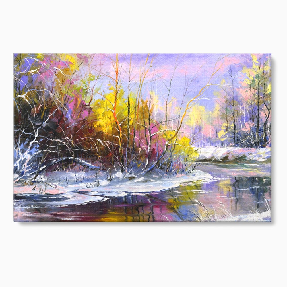 Tablou canvas cu tablou pictat peisaj de iarna, fara rama, pe sasiu de lemn