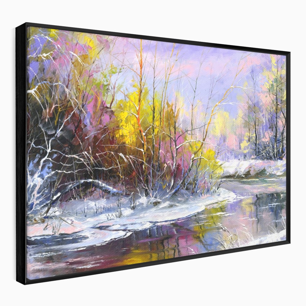 Tablou canvas cu tablou pictat peisaj de iarna, in rama de aluminiu negru