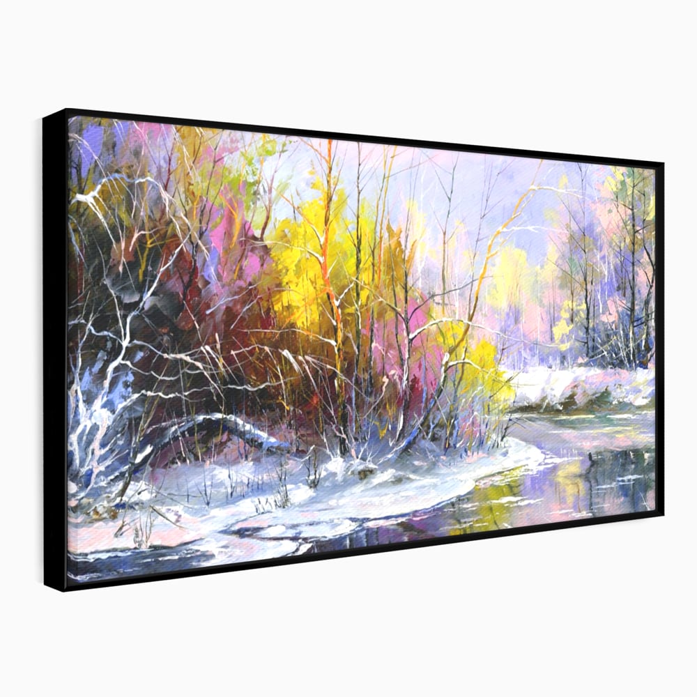 Tablou canvas cu tablou pictat peisaj de iarna, in rama de aluminiu negru