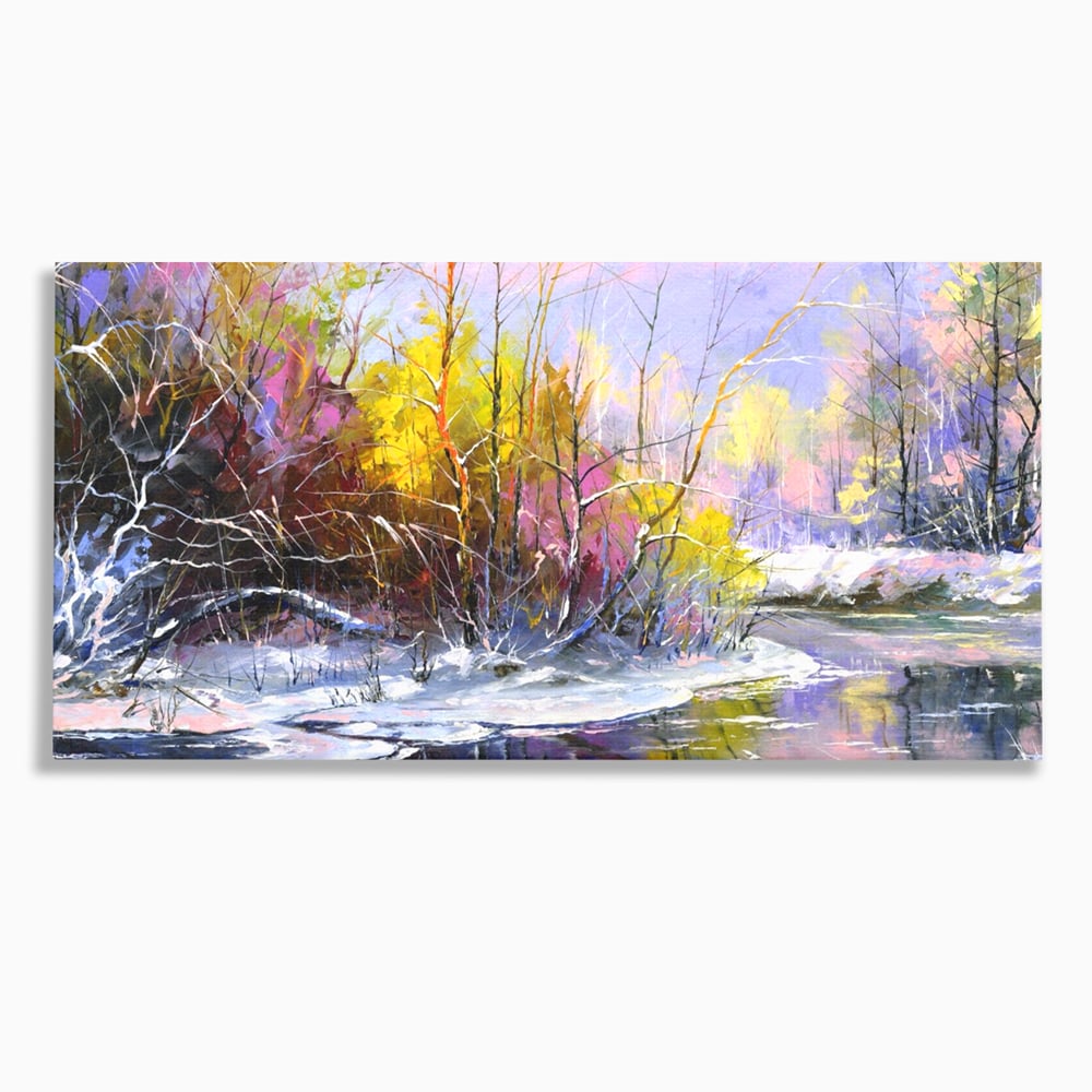 Tablou canvas cu tablou pictat peisaj de iarna, fara rama, pe sasiu de lemn