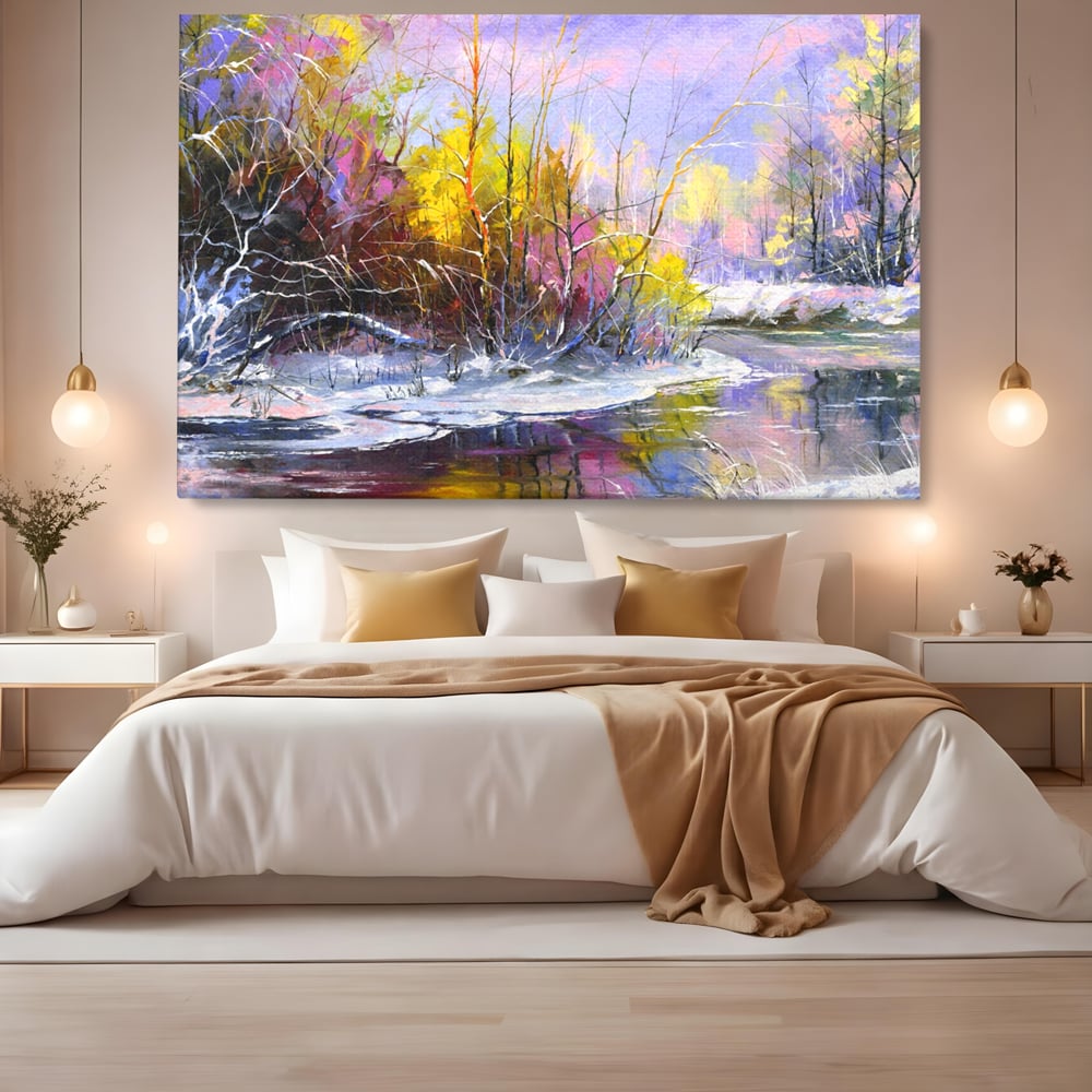 Tablou canvas cu tablou pictat peisaj de iarna, fara rama, pe sasiu de lemn, pe perete intr-un dormitor