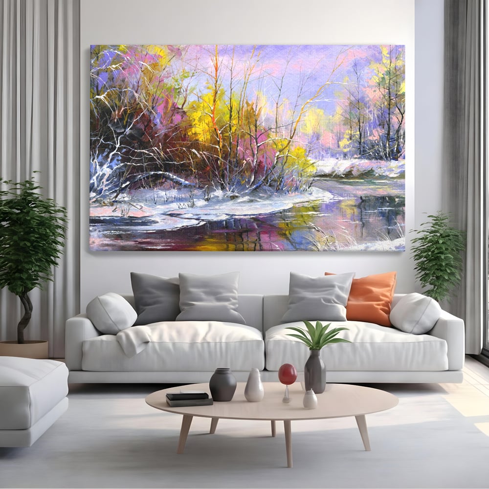 Tablou canvas cu tablou pictat peisaj de iarna, fara rama, pe sasiu de lemn, pe perete intr-un living