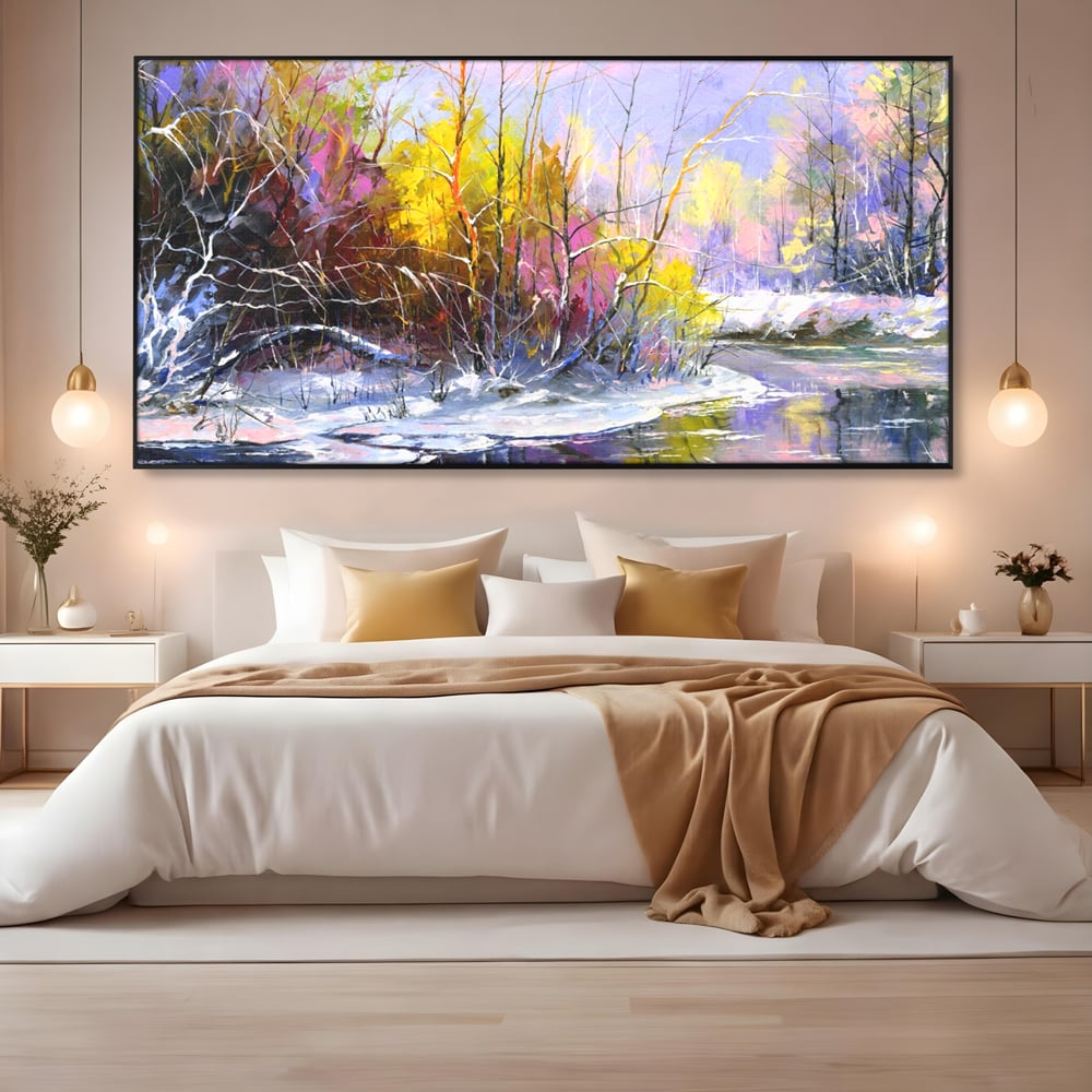 Tablou canvas cu tablou pictat peisaj de iarna, in rama de aluminiu negru, pe perete intr-un dormitor