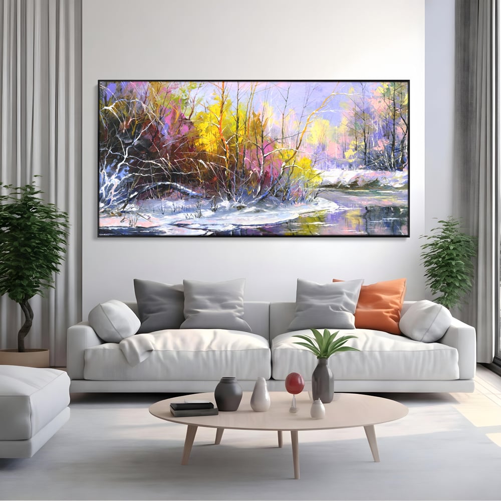 Tablou canvas cu tablou pictat peisaj de iarna, in rama de aluminiu negru, pe perete intr-un living