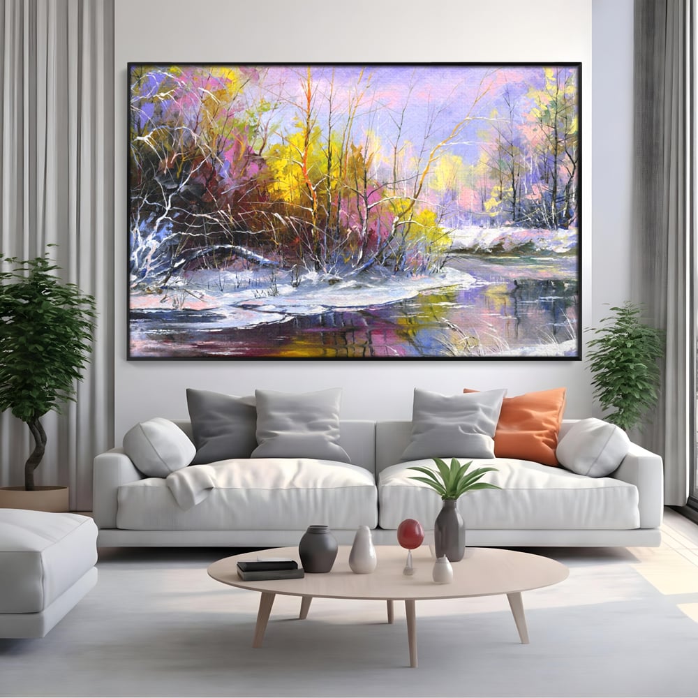 Tablou canvas cu tablou pictat peisaj de iarna, in rama de aluminiu negru, pe perete intr-un living