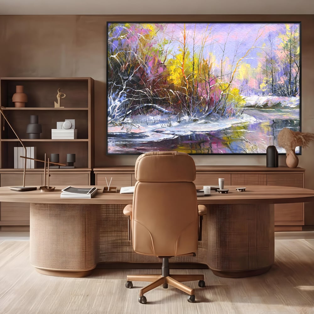 Tablou canvas cu tablou pictat peisaj de iarna, in rama de aluminiu negru, pe perete intr-un birou