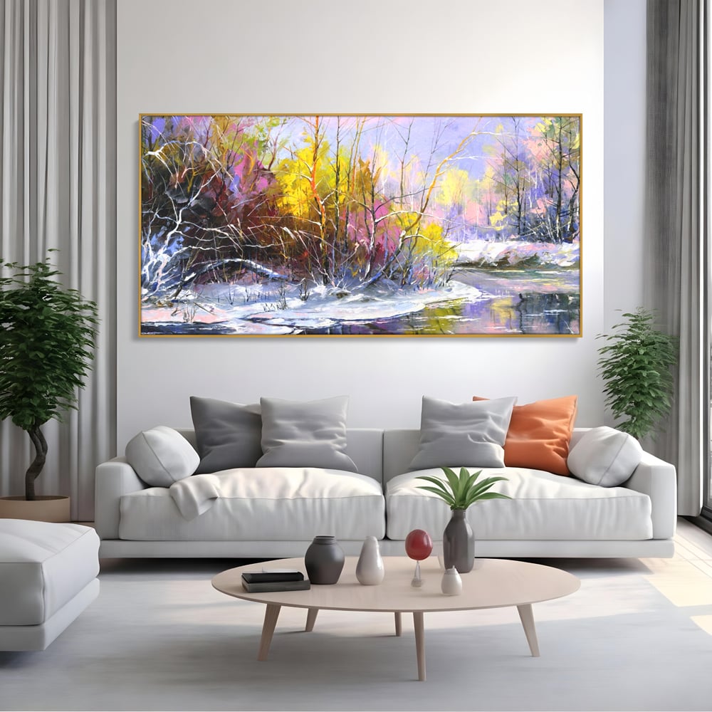 Tablou canvas cu tablou pictat peisaj de iarna, in rama de aluminiu auriu, pe perete intr-un living