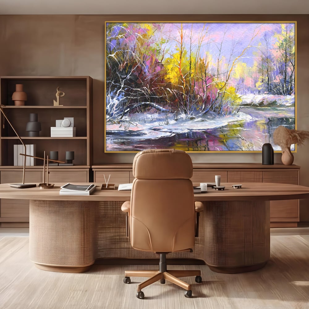 Tablou canvas cu tablou pictat peisaj de iarna, in rama de aluminiu auriu, pe perete intr-un birou