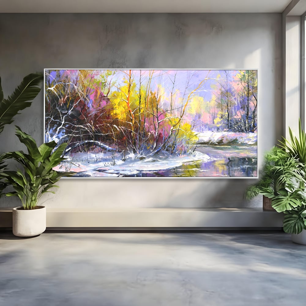 Tablou canvas cu tablou pictat peisaj de iarna, in rama de aluminiu argintiu