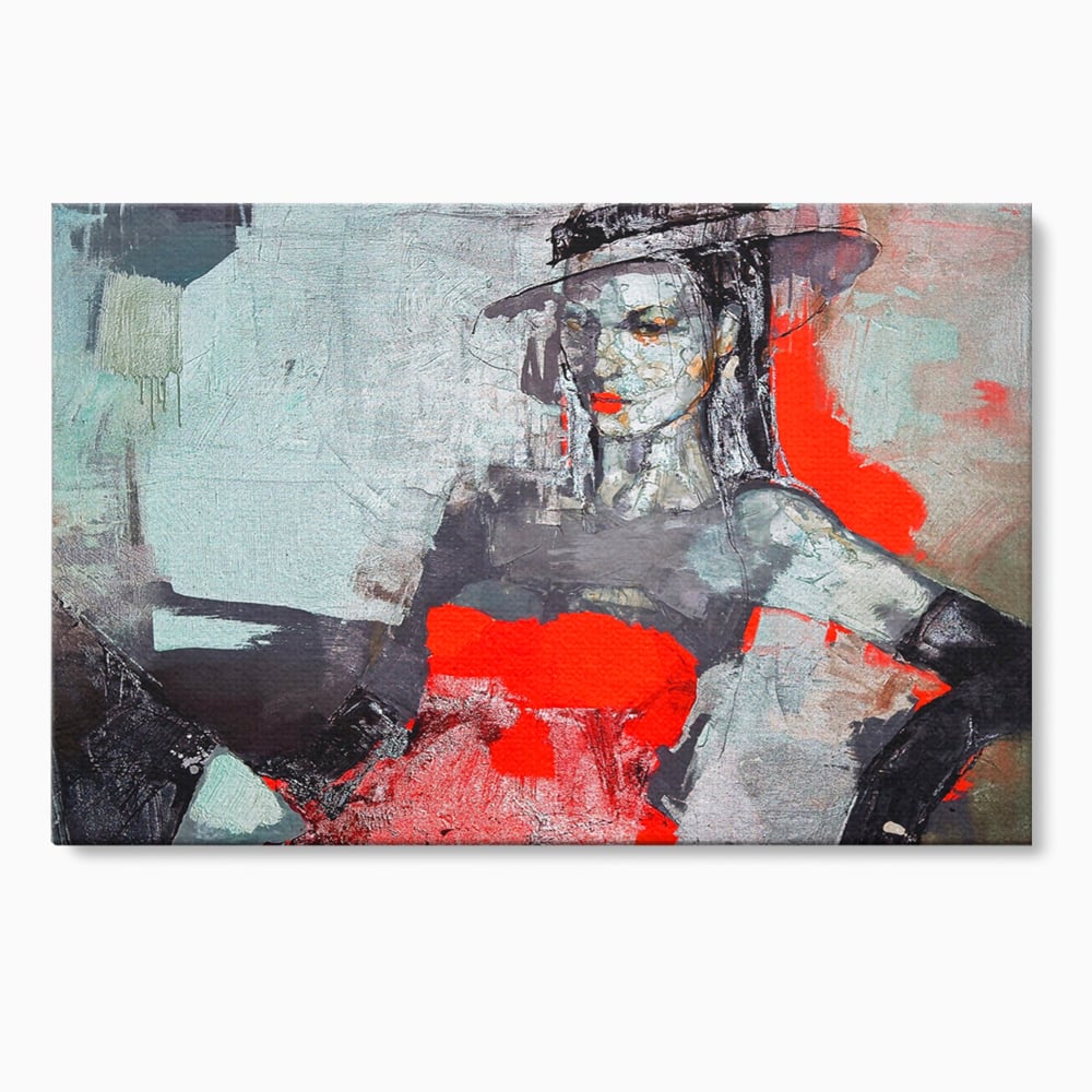 Tablou canvas cu tablou canvas cu portretul unei femei in rosu si negru, fara rama, pe sasiu de lemn