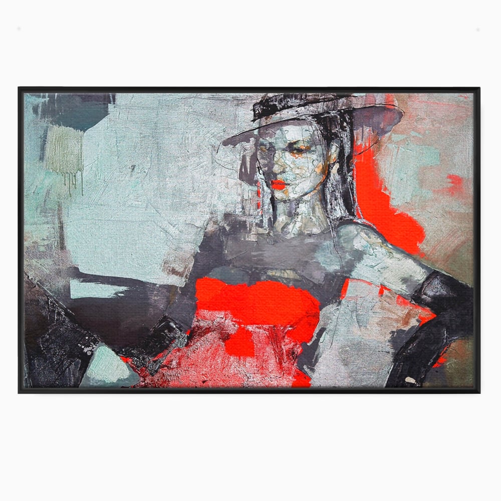 Tablou canvas cu tablou canvas cu portretul unei femei in rosu si negru, in rama de aluminiu negru