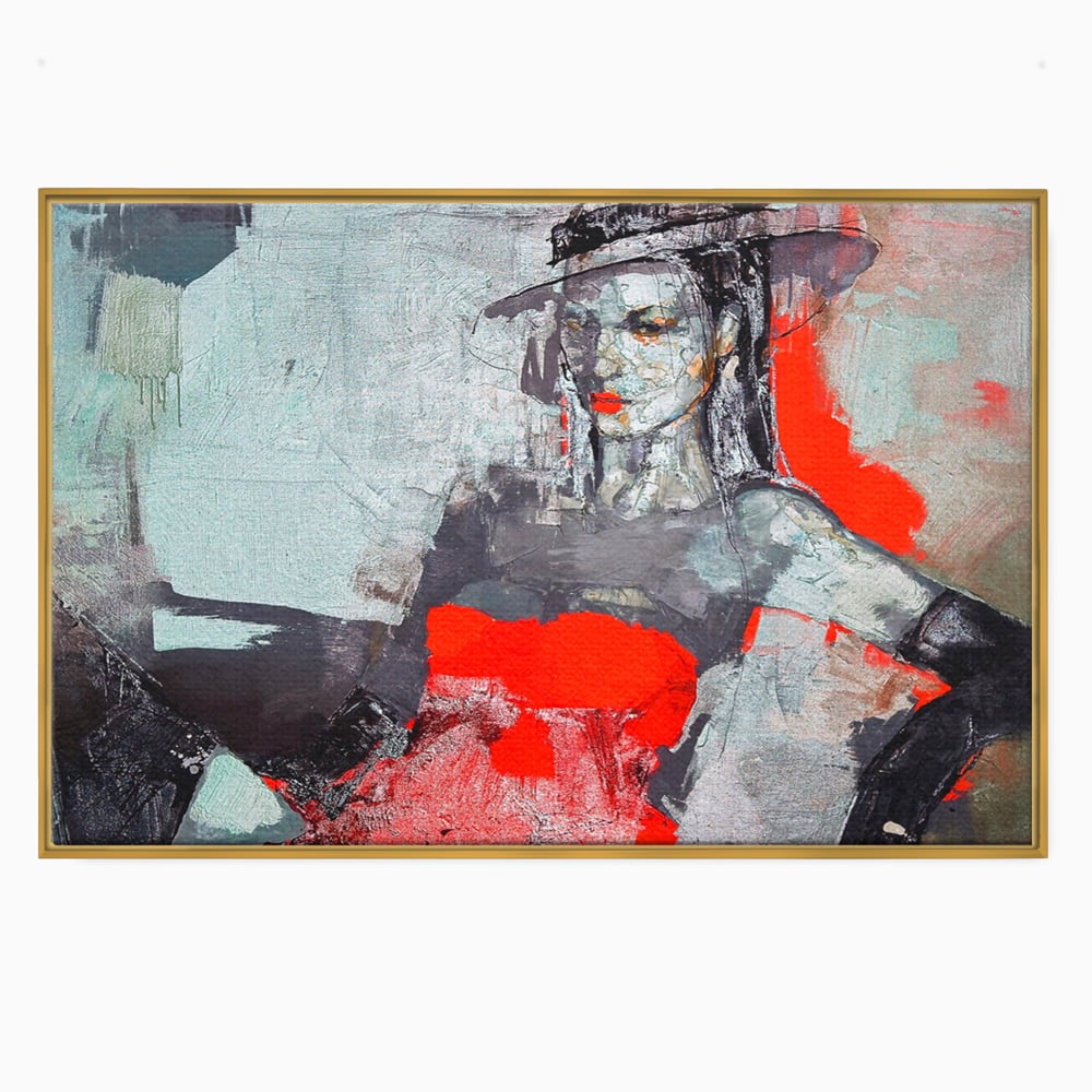 Tablou canvas cu tablou canvas cu portretul unei femei in rosu si negru, in rama de aluminiu auriu