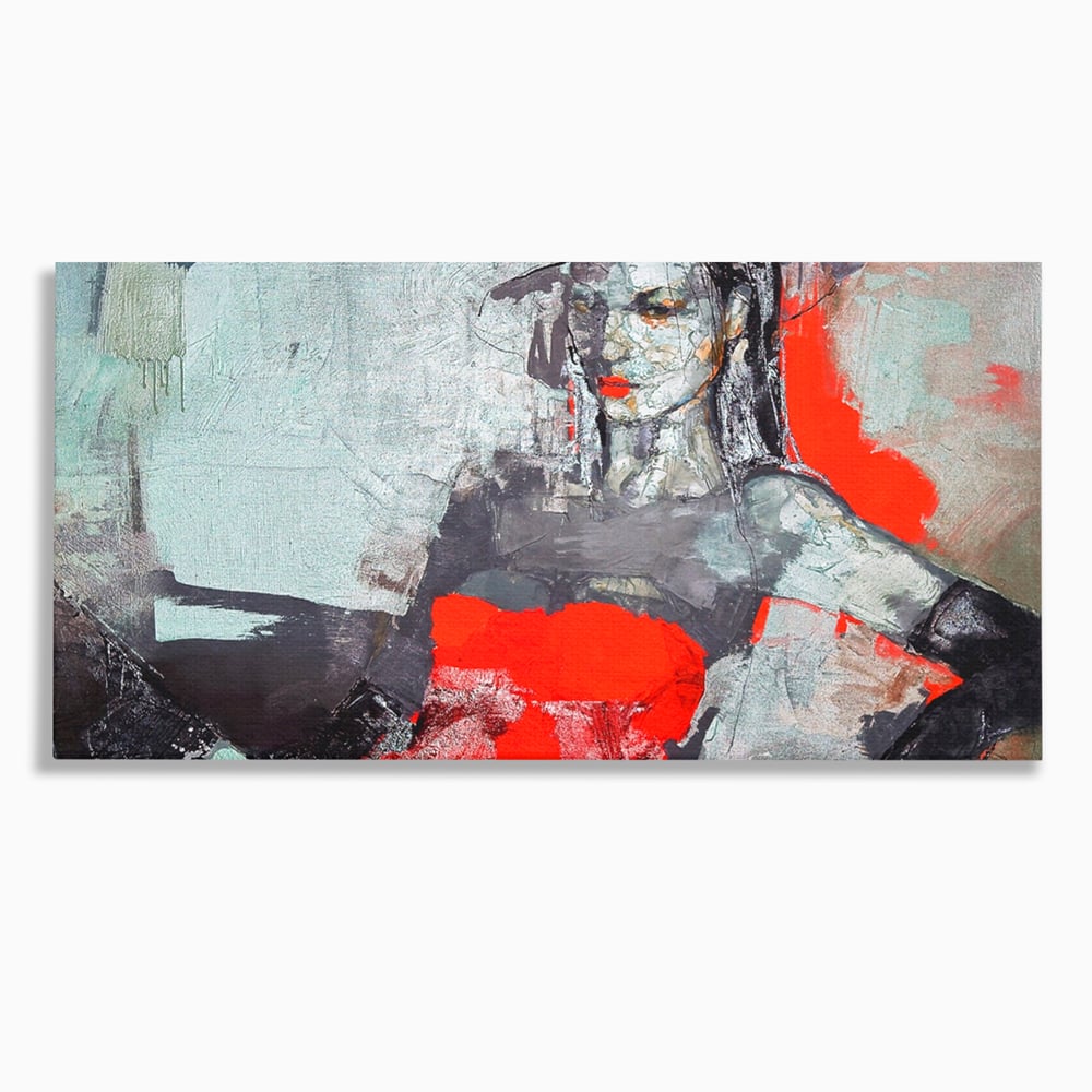Tablou canvas cu tablou canvas cu portretul unei femei in rosu si negru, fara rama, pe sasiu de lemn