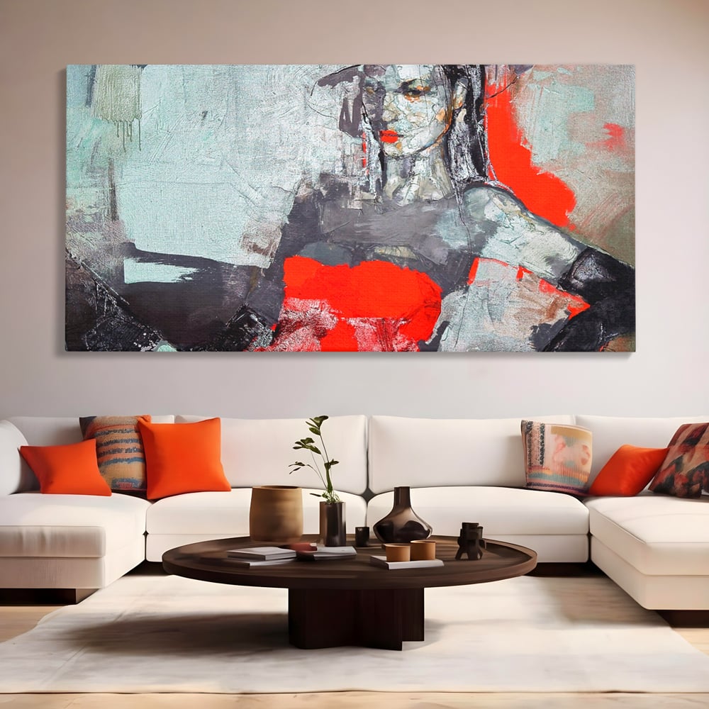 Tablou canvas cu tablou canvas cu portretul unei femei in rosu si negru, fara rama, pe sasiu de lemn, pe perete intr-un living