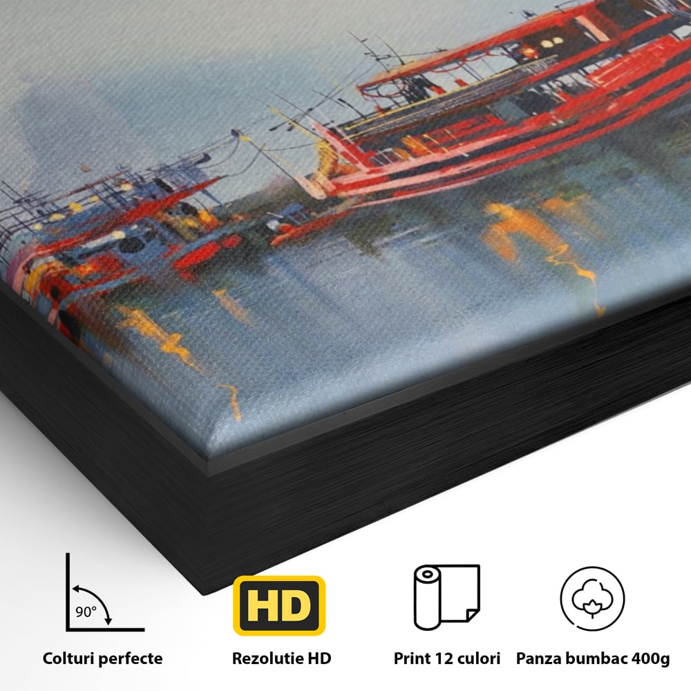 Detaliu al suprafetei: tablou canvas cu barci si far, in rama de aluminiu negru