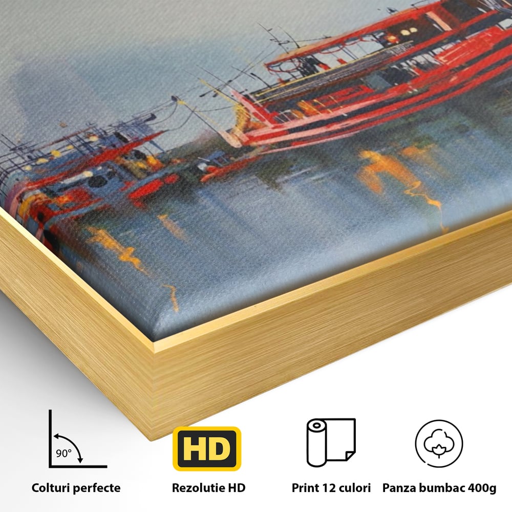Detaliu al suprafetei: tablou canvas cu barci si far, in rama de aluminiu auriu