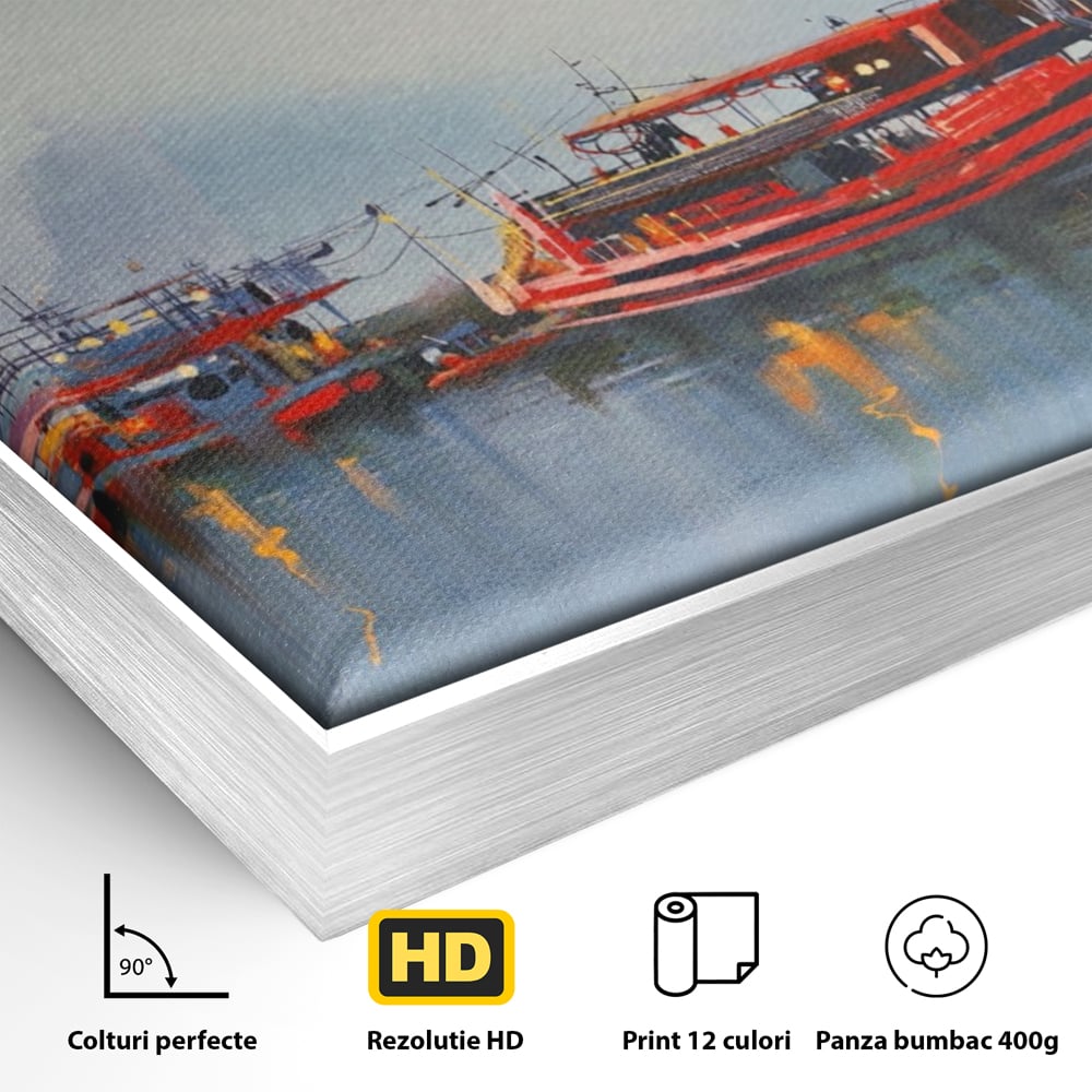 Detaliu al suprafetei: tablou canvas cu barci si far, in rama de aluminiu argintiu