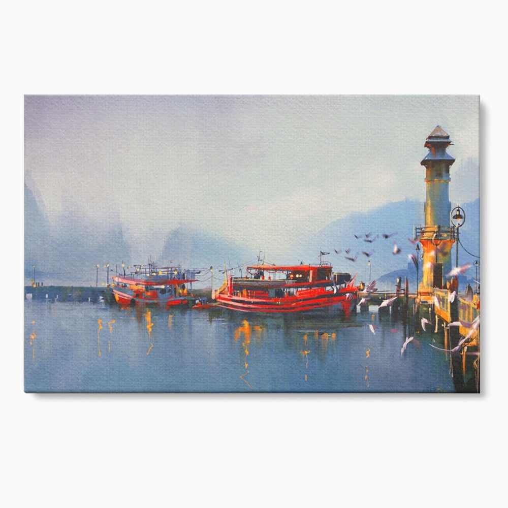 Tablou canvas cu tablou canvas cu barci si far, fara rama, pe sasiu de lemn